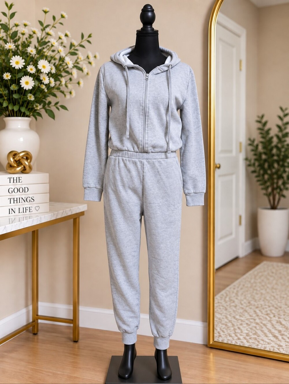 Women’s Light Gray Zip-Front Hoodie Jumpsuit